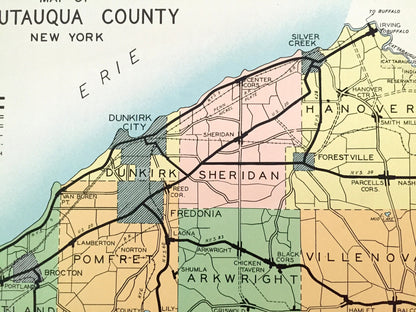 Antique Chautauqua County, New York 1941 Historical Atlas Map – Mayville, Jamestown, Dunkirk, Silver Creek, Westfield, Cherry Creek, NY
