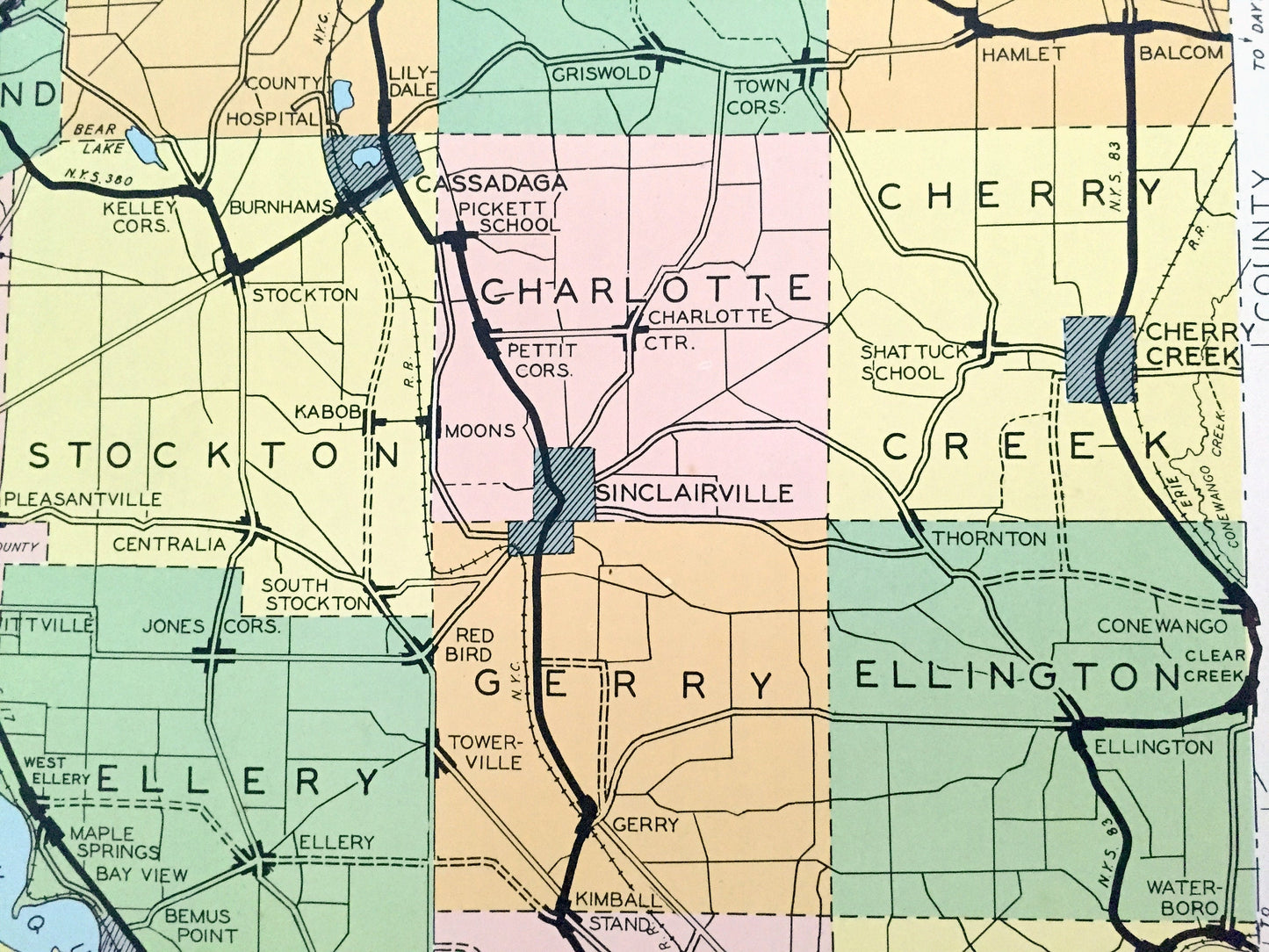 Antique Chautauqua County, New York 1941 Historical Atlas Map – Mayville, Jamestown, Dunkirk, Silver Creek, Westfield, Cherry Creek, NY