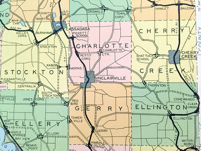 Antique Chautauqua County, New York 1941 Historical Atlas Map – Mayville, Jamestown, Dunkirk, Silver Creek, Westfield, Cherry Creek, NY