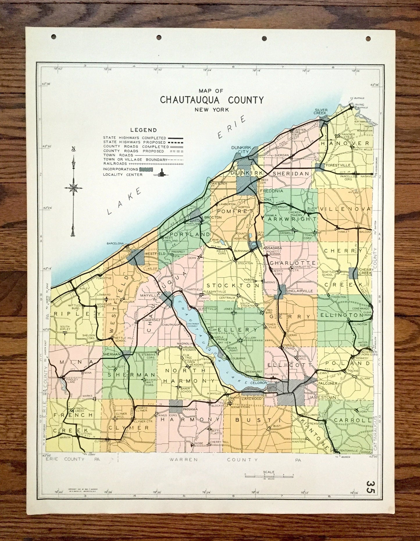 Antique Chautauqua County, New York 1941 Historical Atlas Map – Mayville, Jamestown, Dunkirk, Silver Creek, Westfield, Cherry Creek, NY