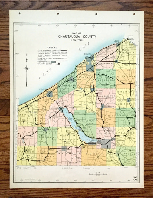 Antique Chautauqua County, New York 1941 Historical Atlas Map – Mayville, Jamestown, Dunkirk, Silver Creek, Westfield, Cherry Creek, NY