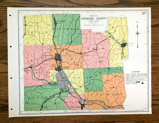 Antique Chemung County, New York 1941 Historical Atlas Map – Elmira, Horseheads, Big Flats, Breesport, Erin Wellsburg Southport Millport NY