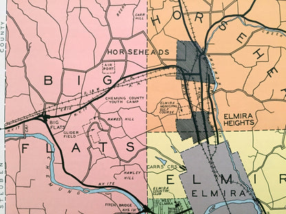 Antique Chemung County, New York 1941 Historical Atlas Map – Elmira, Horseheads, Big Flats, Breesport, Erin Wellsburg Southport Millport NY