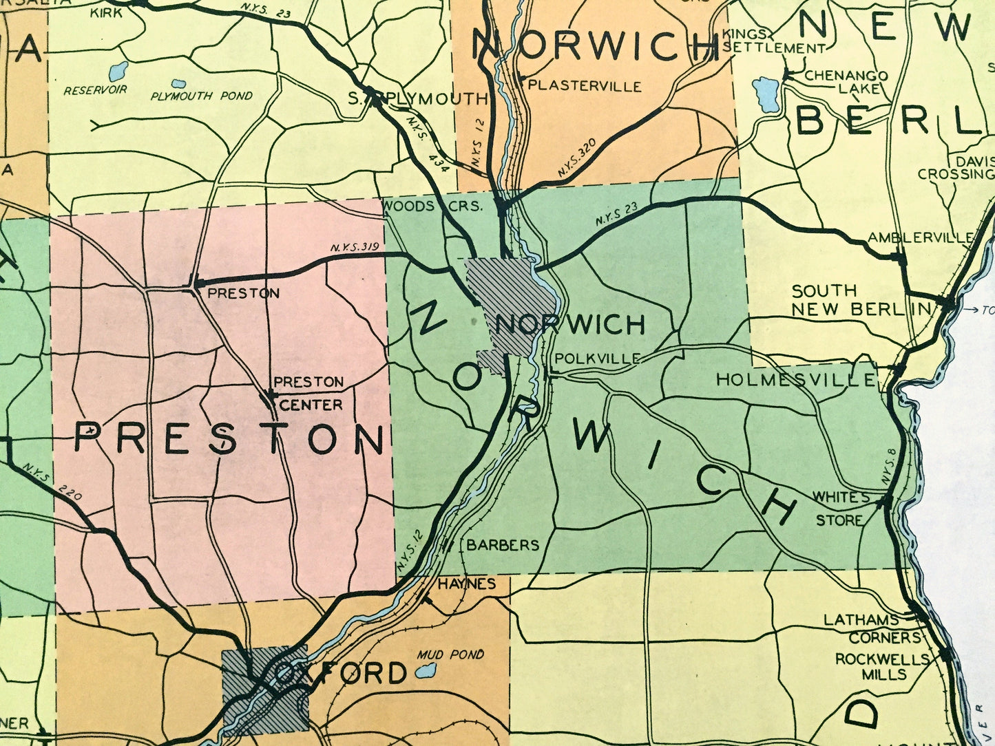 Antique Chenango County, New York 1941 Historical Atlas Map – Norwich, Oxford, Afton, Bainbridge, Sherburne, Greene, New Berlin Coventry NY