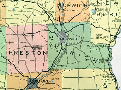 Antique Chenango County, New York 1941 Historical Atlas Map – Norwich, Oxford, Afton, Bainbridge, Sherburne, Greene, New Berlin Coventry NY