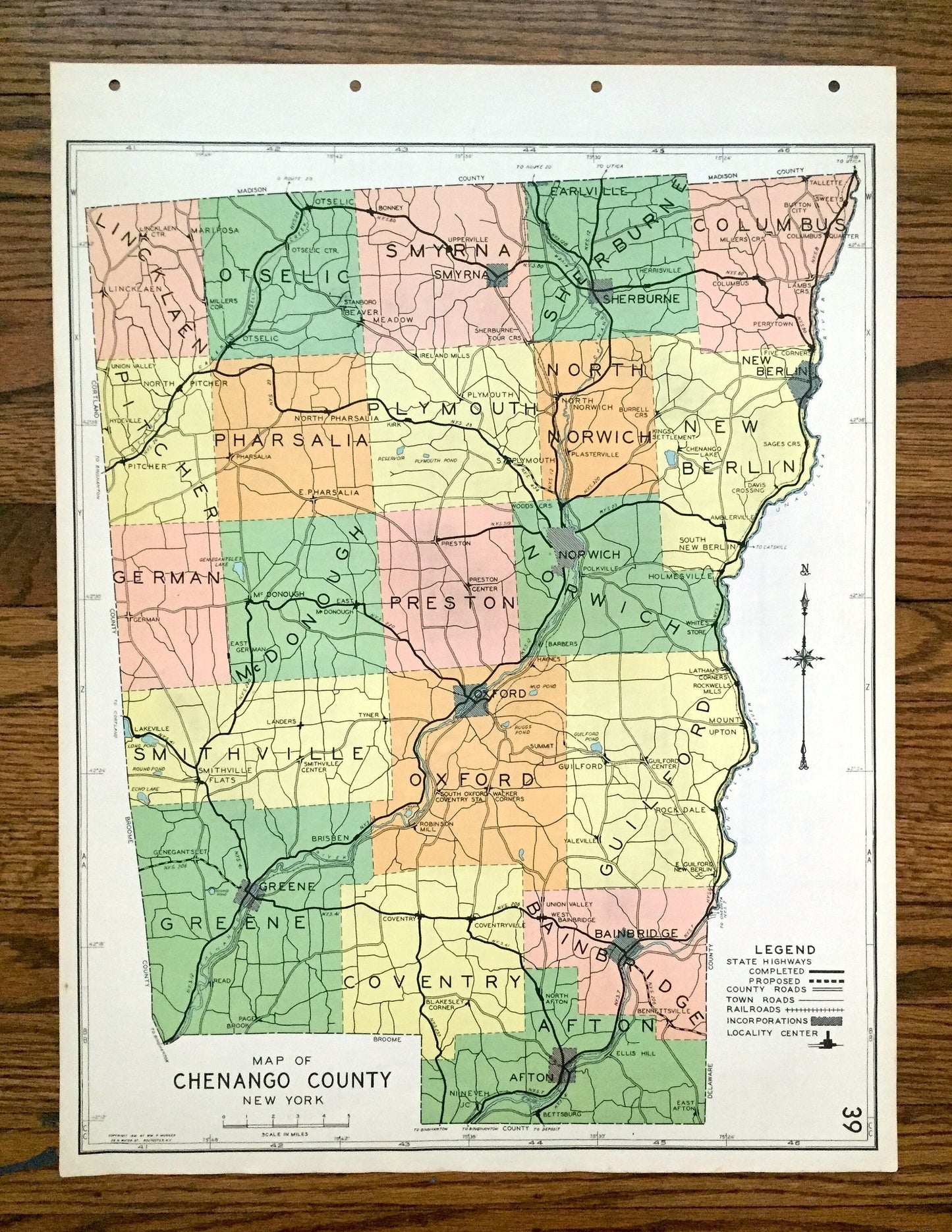 Antique Chenango County, New York 1941 Historical Atlas Map – Norwich, Oxford, Afton, Bainbridge, Sherburne, Greene, New Berlin Coventry NY