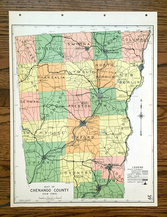 Antique Chenango County, New York 1941 Historical Atlas Map – Norwich, Oxford, Afton, Bainbridge, Sherburne, Greene, New Berlin Coventry NY