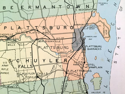 Antique Clinton County, New York 1941 Historical Atlas Map – Plattsburg, Lake Champlain, Dannemora, Rouse's Point, Morrisonville, Chazy, NY