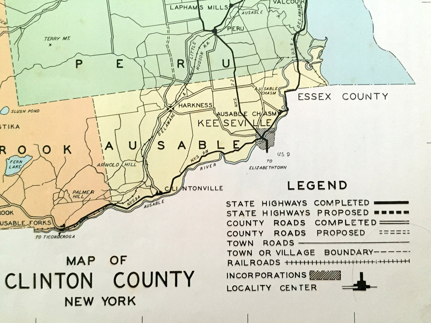 Antique Clinton County, New York 1941 Historical Atlas Map – Plattsburg, Lake Champlain, Dannemora, Rouse's Point, Morrisonville, Chazy, NY
