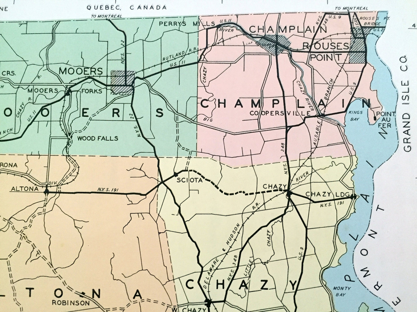 Antique Clinton County, New York 1941 Historical Atlas Map – Plattsburg, Lake Champlain, Dannemora, Rouse's Point, Morrisonville, Chazy, NY