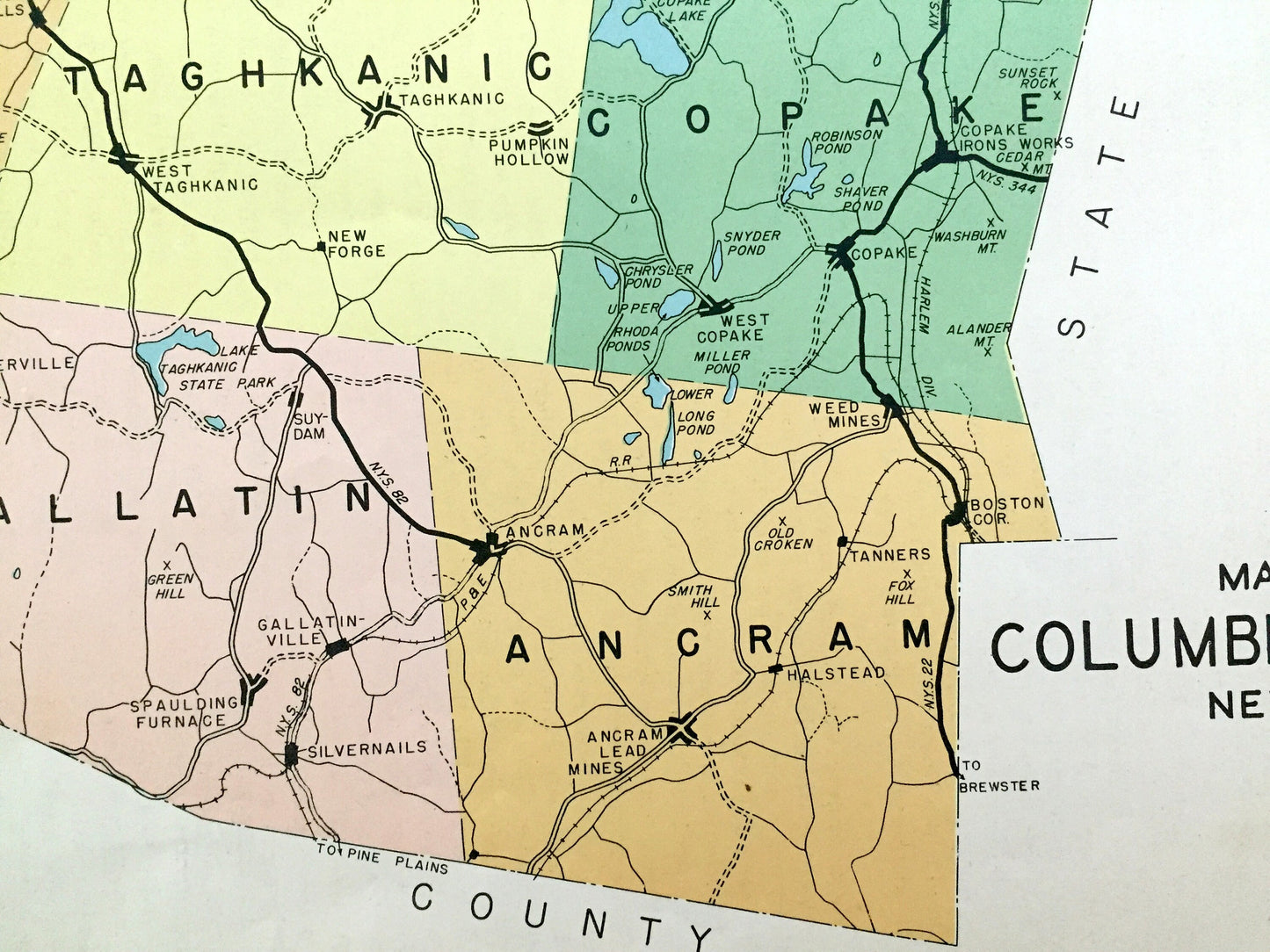 Antique Columbia County, New York 1941 Historical Atlas Map – Hudson, Canaan, Kinderhook, Hillsdale, Chatham, Ancram, Livingston, Ghent, NY