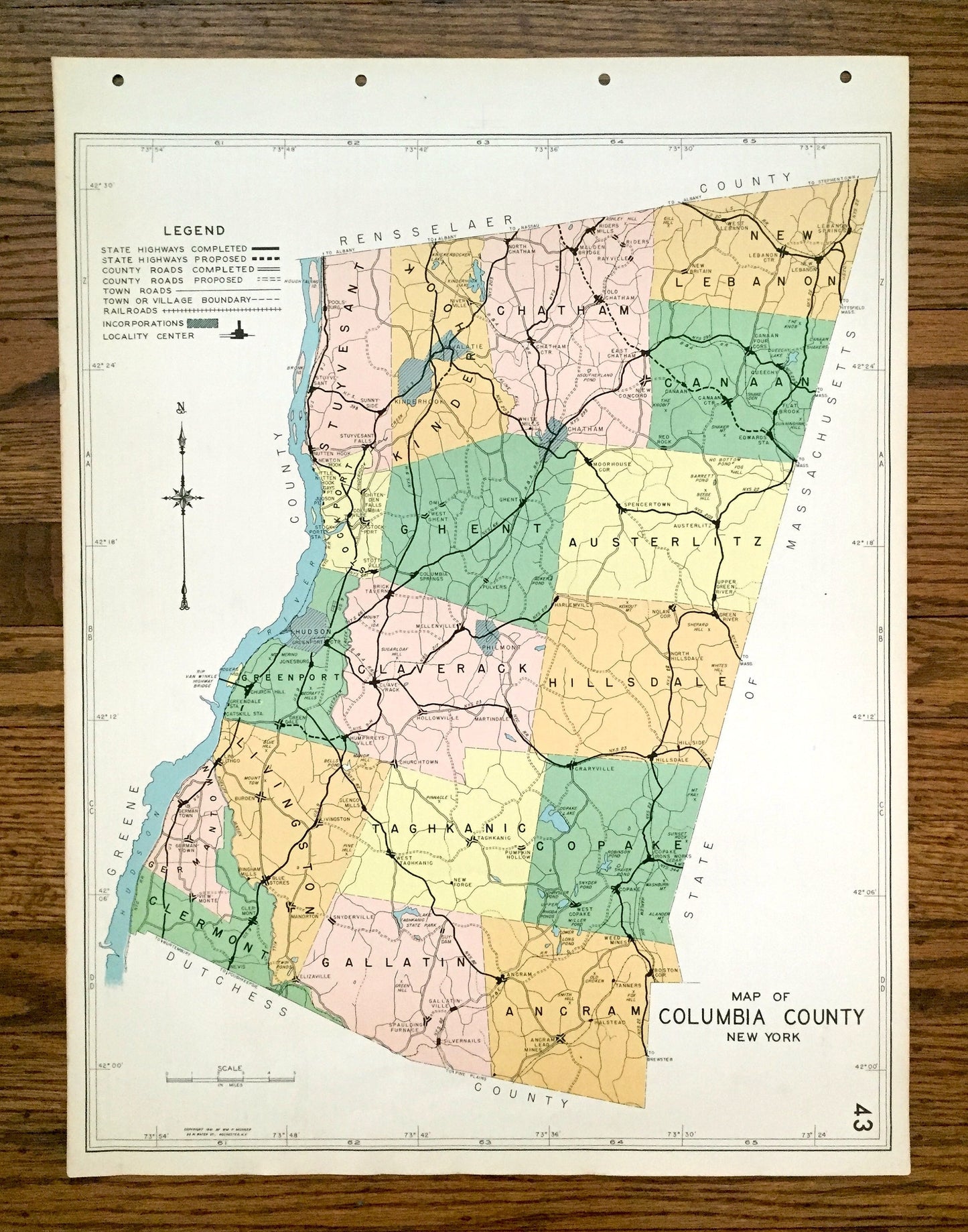 Antique Columbia County, New York 1941 Historical Atlas Map – Hudson, Canaan, Kinderhook, Hillsdale, Chatham, Ancram, Livingston, Ghent, NY