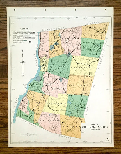 Antique Columbia County, New York 1941 Historical Atlas Map – Hudson, Canaan, Kinderhook, Hillsdale, Chatham, Ancram, Livingston, Ghent, NY