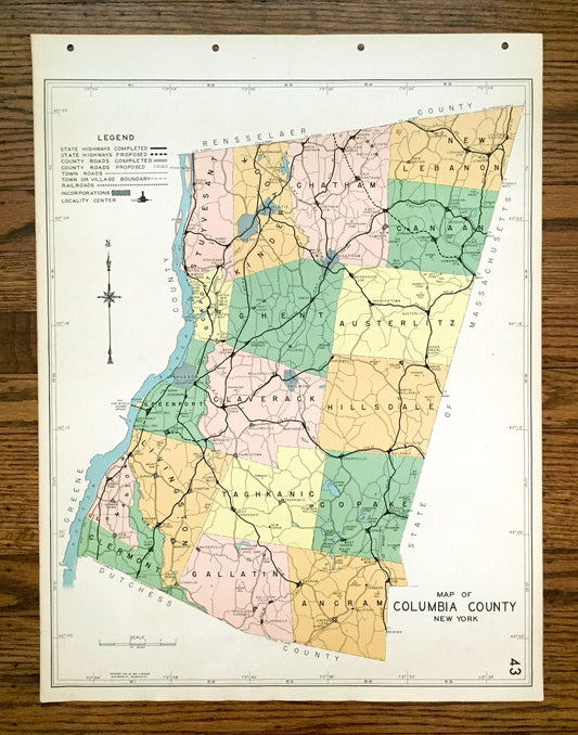 Antique Columbia County, New York 1941 Historical Atlas Map – Hudson, Canaan, Kinderhook, Hillsdale, Chatham, Ancram, Livingston, Ghent, NY