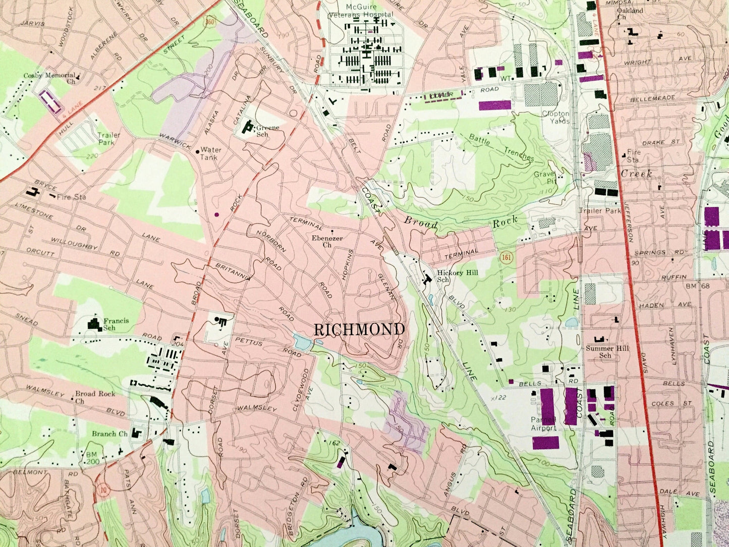 Antique Richmond, Virginia 1969 US Geological Survey Topographic Map – Chesterfield, Henrico County, Drewrys Bluff, South City, Bellwood, VA