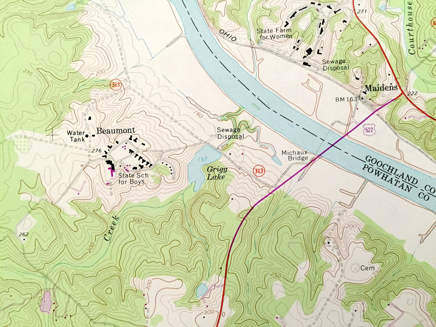 Antique Goochland, Virginia 1968 US Geological Survey Topographic Map – Powhatan County, State Park, James River, Maidens, Dogtown VA
