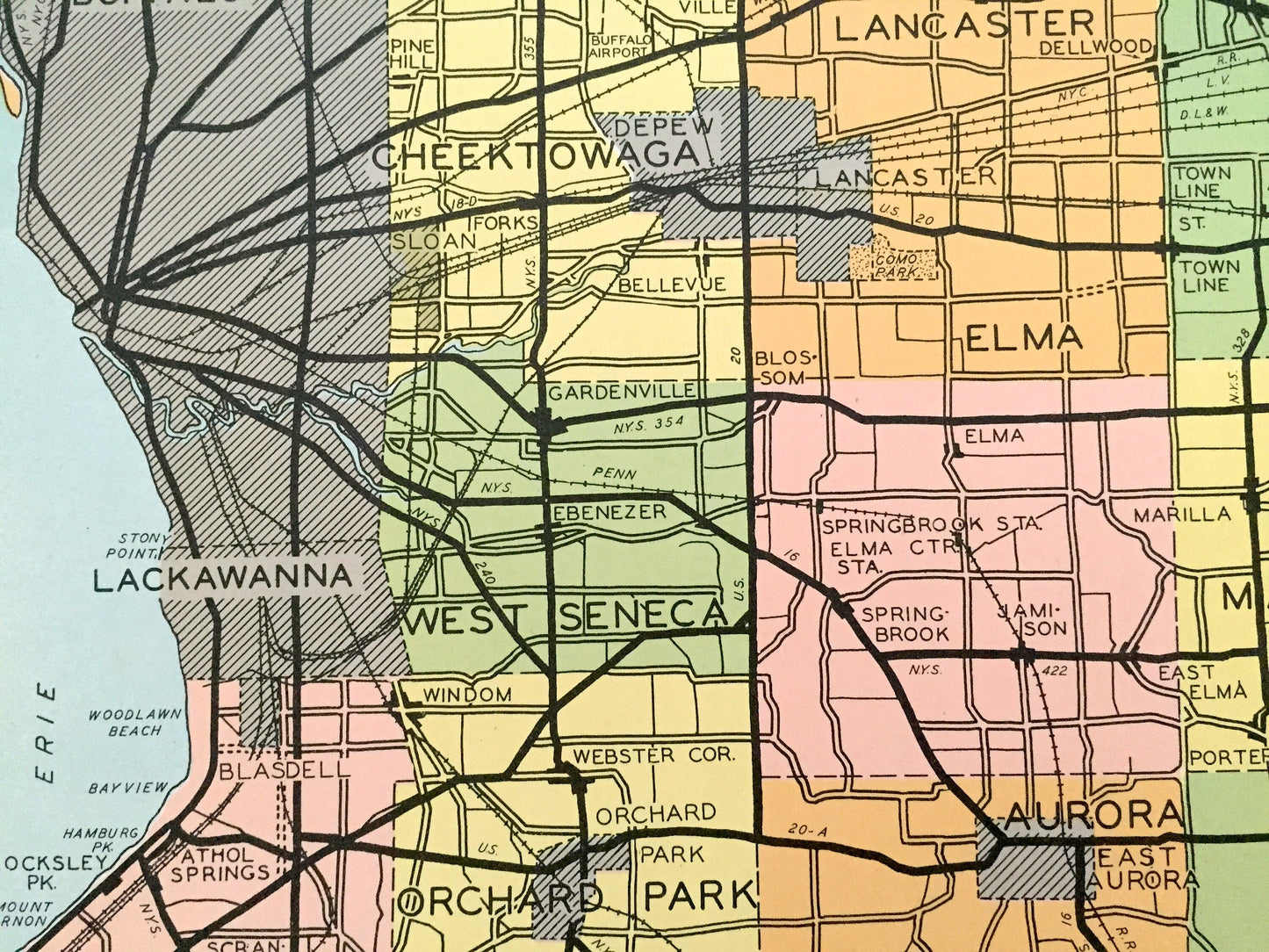 Antique Erie County, New York 1941 Historical Atlas Map – Buffalo, Cheektowaga, Seneca, Hamburg, Grand Island Aurora Evans Niagara Falls NY