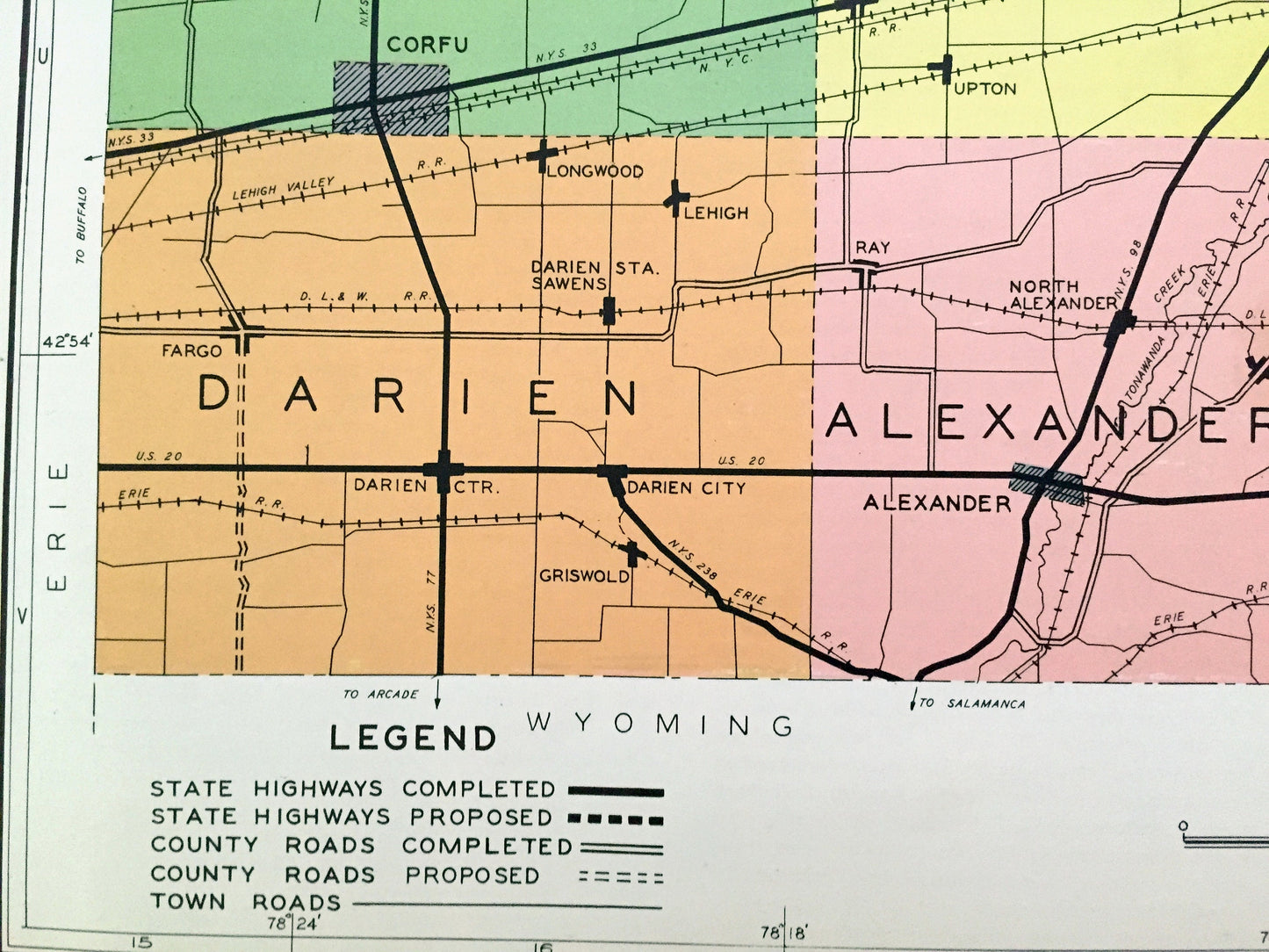 Antique Genesee County, New York 1941 Historical Atlas Map – Batavia, Oakfield, Darien, Corfu, Pavilion, Le Roy, Stafford, Alexander Elba NY