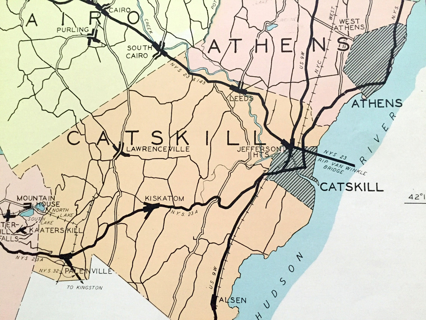 Antique Greene County, New York 1941 Historical Atlas Map – Catskill, Athens, Coxsackie, Cairo, Greenville, Prattsville, West Kill Hudson NY