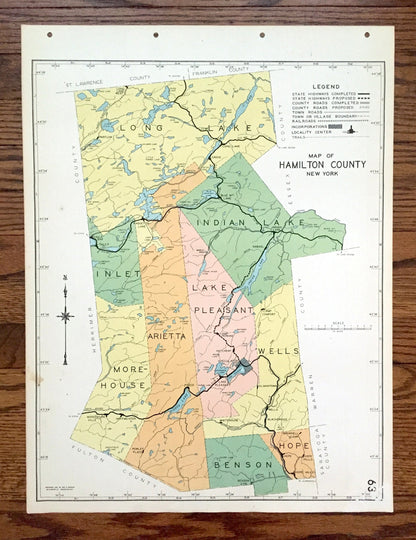 Antique Hamilton County, New York 1941 Historical Atlas Map – Adirondacks, Lake Pleasant, Piseco, Raquette, Sacandaga, Arietta Speculator NY
