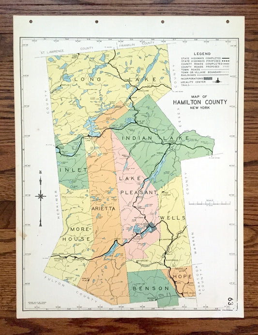 Antique Hamilton County, New York 1941 Historical Atlas Map – Adirondacks, Lake Pleasant, Piseco, Raquette, Sacandaga, Arietta Speculator NY