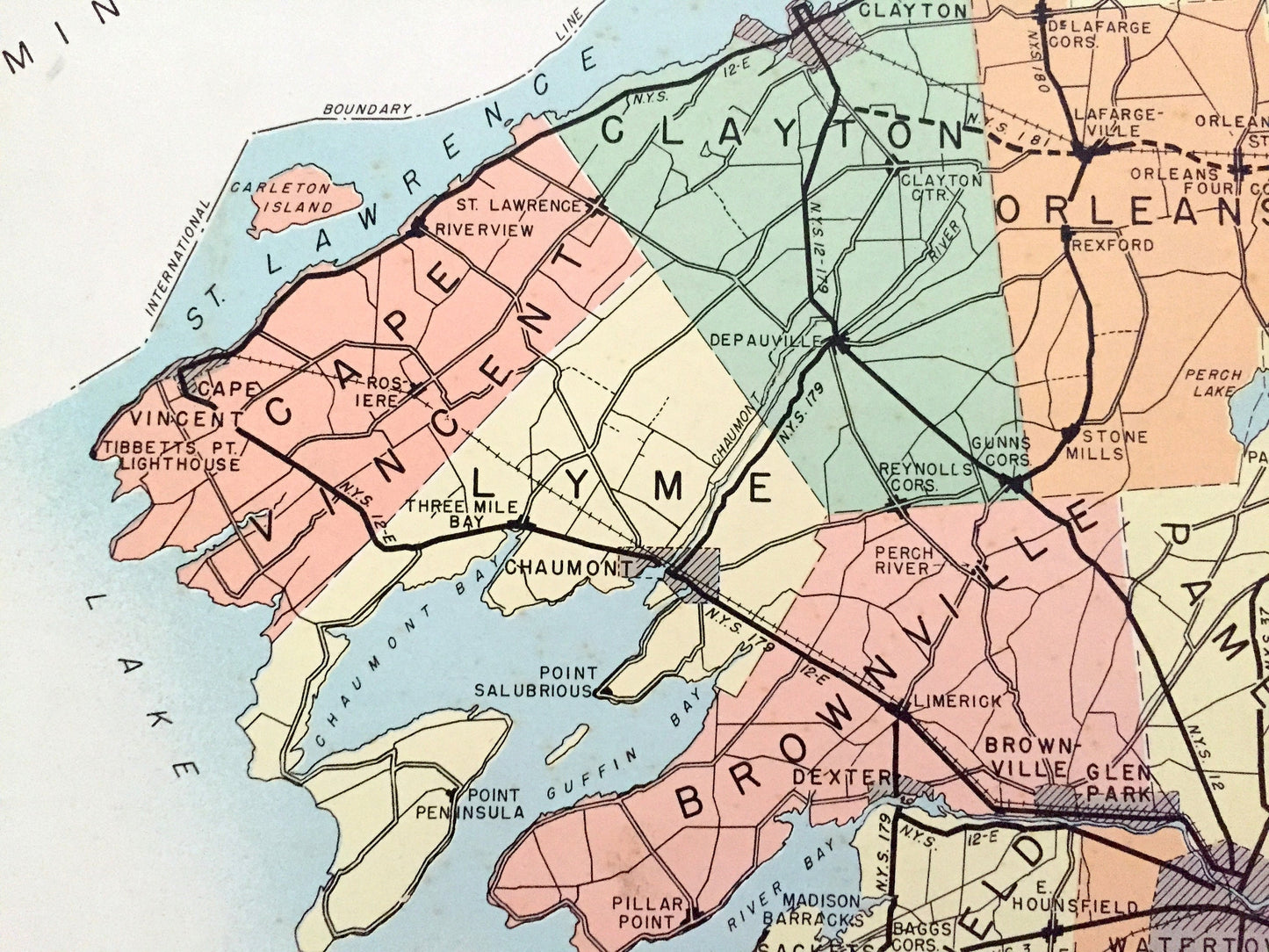 Antique Jefferson County, New York 1941 Historical Atlas Map – Watertown, Sackett's Harbor, Alexandria Bay, Clayton, Chaumont, Carthage, NY