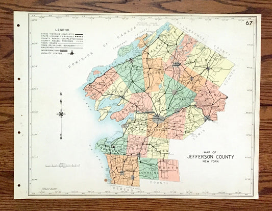 Antique Jefferson County, New York 1941 Historical Atlas Map – Watertown, Sackett's Harbor, Alexandria Bay, Clayton, Chaumont, Carthage, NY