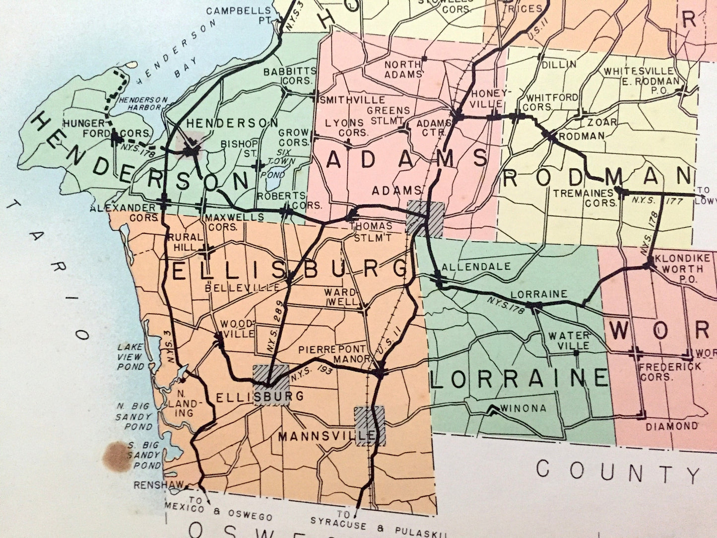Antique Jefferson County, New York 1941 Historical Atlas Map – Watertown, Sackett's Harbor, Alexandria Bay, Clayton, Chaumont, Carthage, NY