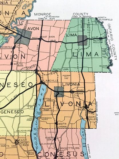 Antique Livingston County, New York 1941 Historical Atlas Map – Geneseo, Caledonia, Avon, Mount Morris, Nunda, Dansville, Conesus Hemlock NY