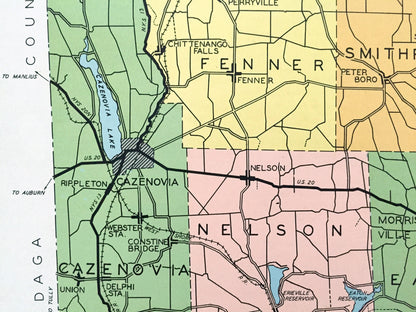Antique Madison County, New York 1941 Historical Atlas Map – Oneida, Bridgeport, Cazenova, Chittenango, Canastota, Hamilton, Brookfield, NY