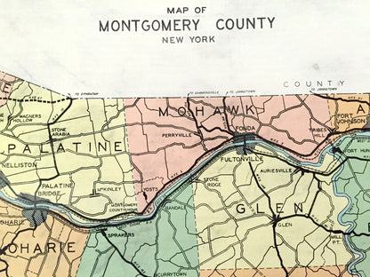 Antique Montgomery County, New York 1941 Historical Atlas Map – Fonda, St. Johnsville, Amsterdam, Canajoharie, Charleston, Four Corners, NY