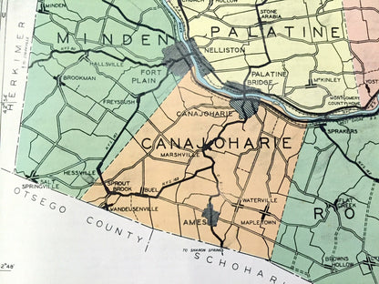 Antique Montgomery County, New York 1941 Historical Atlas Map – Fonda, St. Johnsville, Amsterdam, Canajoharie, Charleston, Four Corners, NY