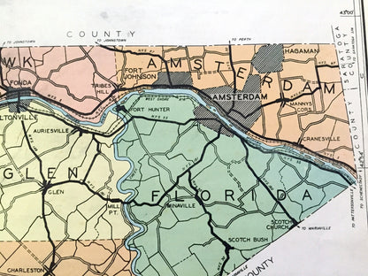 Antique Montgomery County, New York 1941 Historical Atlas Map – Fonda, St. Johnsville, Amsterdam, Canajoharie, Charleston, Four Corners, NY