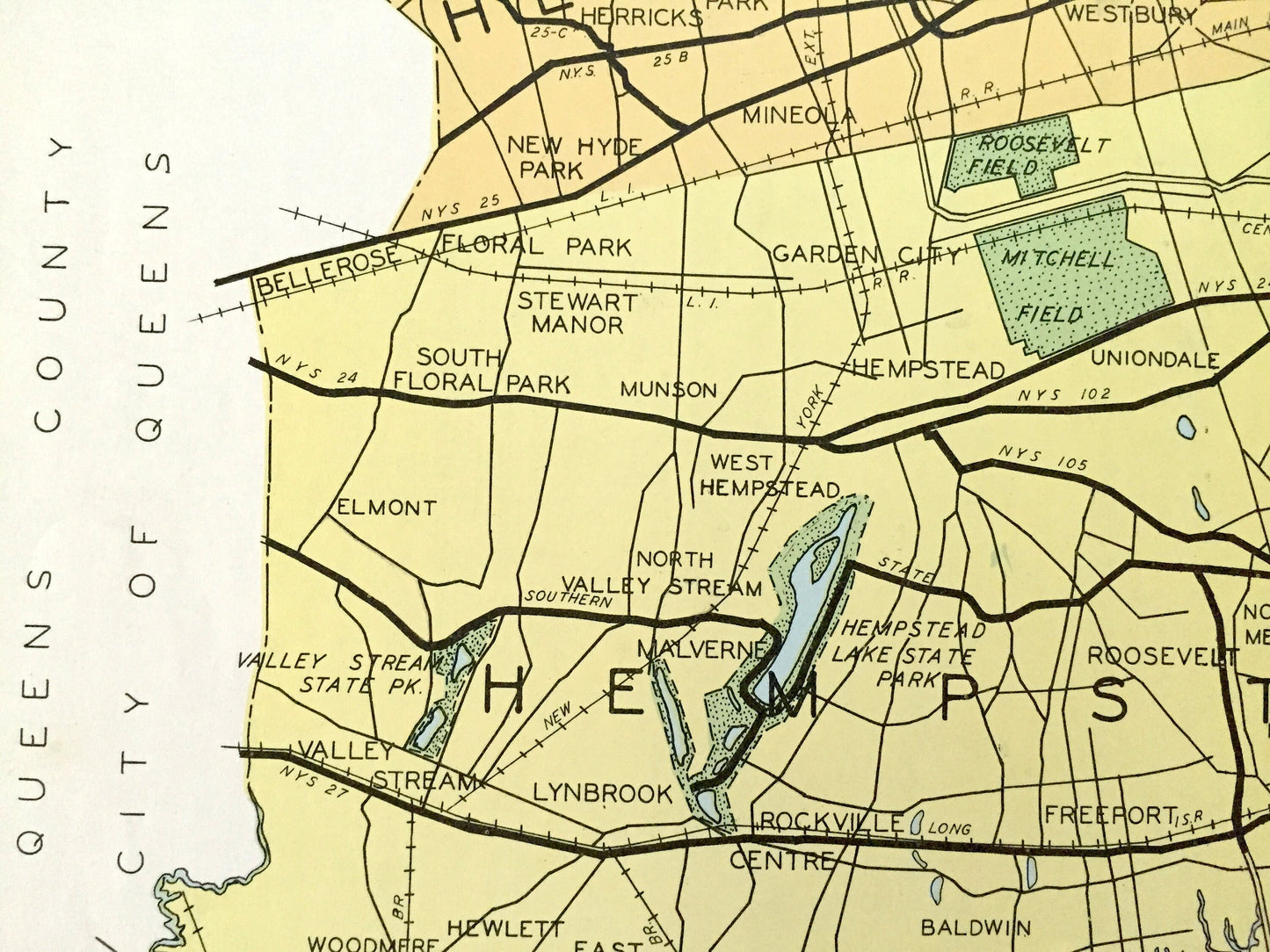 Antique Nassau County, New York 1941 Historical Atlas Map – Oyster Bay, Hempstead, Mineola, Freeport, Farmingdale, Long Beach, Rockaway, NY