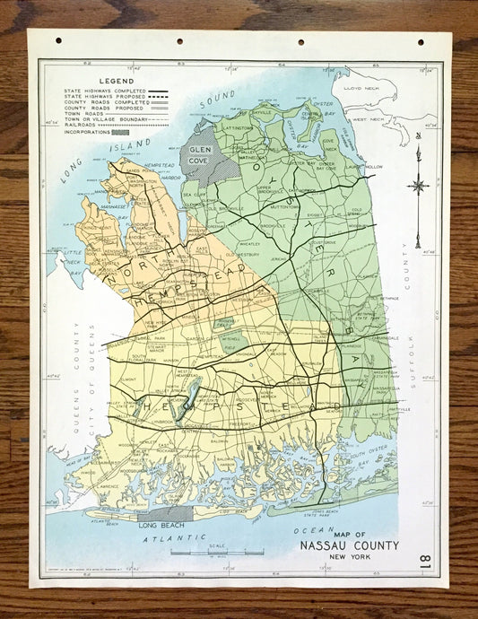 Antique Nassau County, New York 1941 Historical Atlas Map – Oyster Bay, Hempstead, Mineola, Freeport, Farmingdale, Long Beach, Rockaway, NY