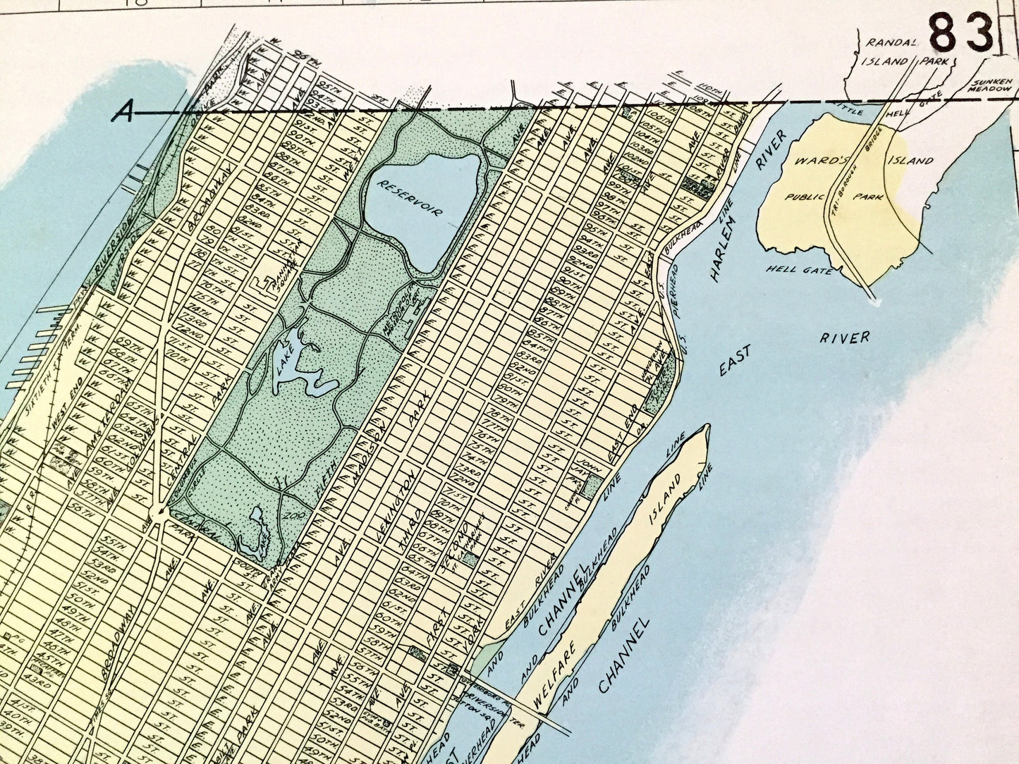 Antique Manhattan Borough, New York 1941 Historical Atlas Map – Upper West Side, Grammercy, East Village, SoHo, Harlem, Chinatown NY NYC
