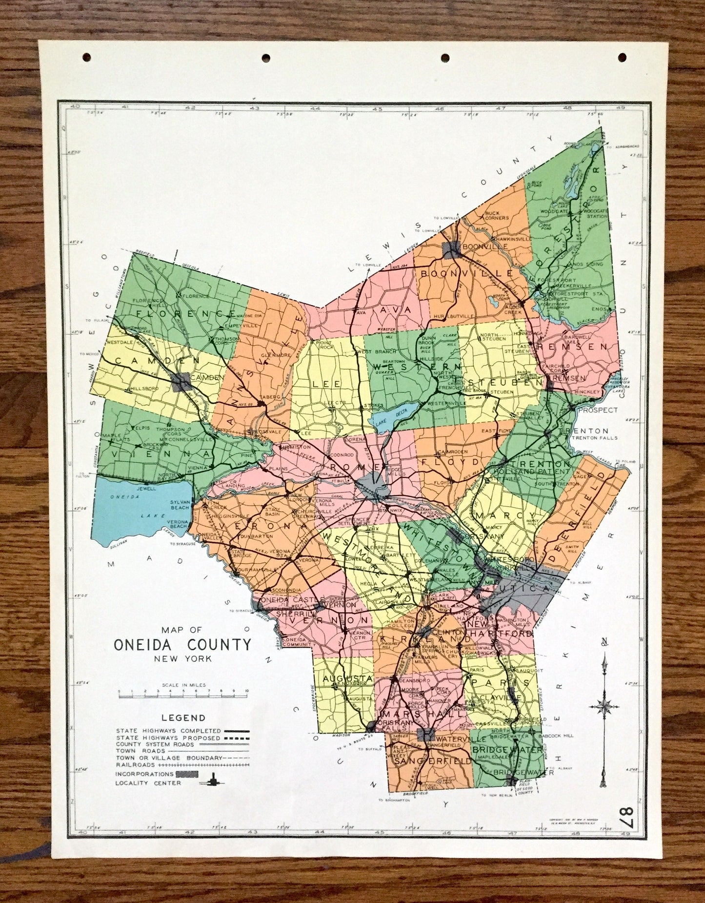 Antique Oneida County, New York 1941 Historical Atlas Map – Rome, Utica, Clinton, Camden, Boonville, Forestport, Oriskany Falls, Vienna, NY
