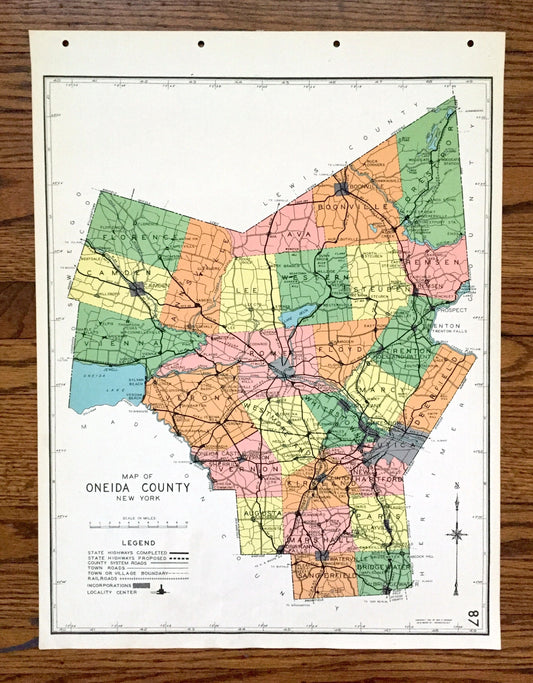 Antique Oneida County, New York 1941 Historical Atlas Map – Rome, Utica, Clinton, Camden, Boonville, Forestport, Oriskany Falls, Vienna, NY