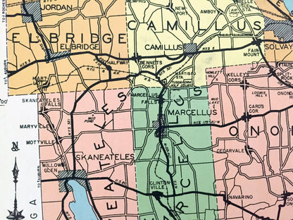Antique Onondaga County, New York 1941 Historical Atlas Map – Syracuse, Oneida Lake, Manlius, Cicero, Skaneateles, Elbridge, Tully, Amber NY
