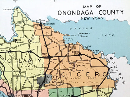 Antique Onondaga County, New York 1941 Historical Atlas Map – Syracuse, Oneida Lake, Manlius, Cicero, Skaneateles, Elbridge, Tully, Amber NY