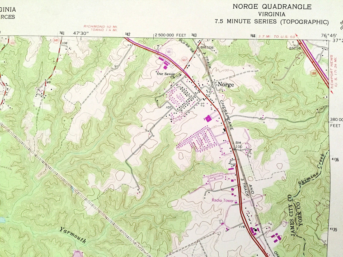 Antique Norge, Virginia 1965 US Geological Survey Topographic Map – James City County, Chickahominy River, Little Creek Reservoir, Toano, VA