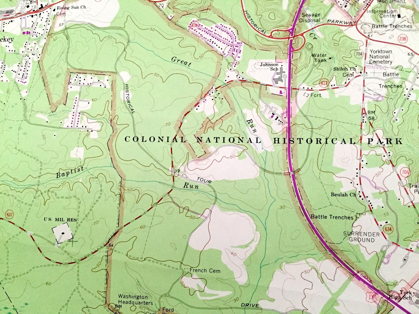 Antique Yorktown, Virginia 1965 US Geological Survey Topographic Map – York, James City County, Revolutionary War Battle National Park, VA