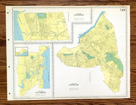 Antique Schenectady, Lackawanna & Plattsburgh, New York 1941 Historical Atlas City Street Map – Erie, Clinton County, Lake Champlain, NY