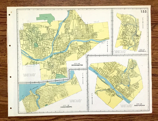 Antique Binghamton, Hornell, Ogdensbug & Amsterdam, New York 1941 Historical Atlas City Street Map – Broome, Steuben, St Lawrence County, NY