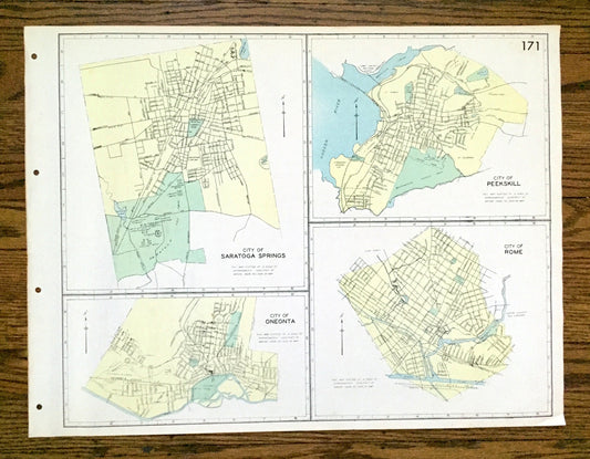 Antique Saratoga Springs, Peekskill, Oneonta & Rome, New York 1941 Historical Atlas City Street Map – Westchester, Otsego, Oneida County, NY