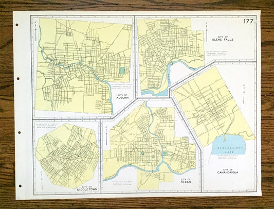 Antique Auburn, Glens Falls, Middletown, Olean & Canandaigua, New York 1941 Historical Atlas City Street Map – Cayuga, Warren County, NY