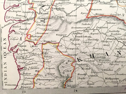 Antique 1833 India Map from SDUK Atlas – Gulf of Cambay, Nagpur, Gujarat, Madhya Pradesh, Daman Silvassa, Maharashtra, Indore, Vadodara