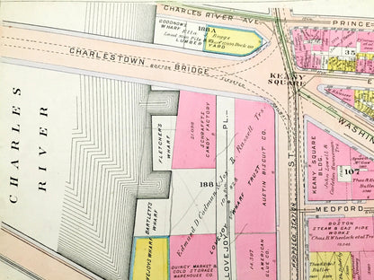 Antique 1908 North End, Boston, Massachusetts Map from G.W. Bromley Atlas – West End, Boston Garden, Bullfinch Triangle, Charles River, MA