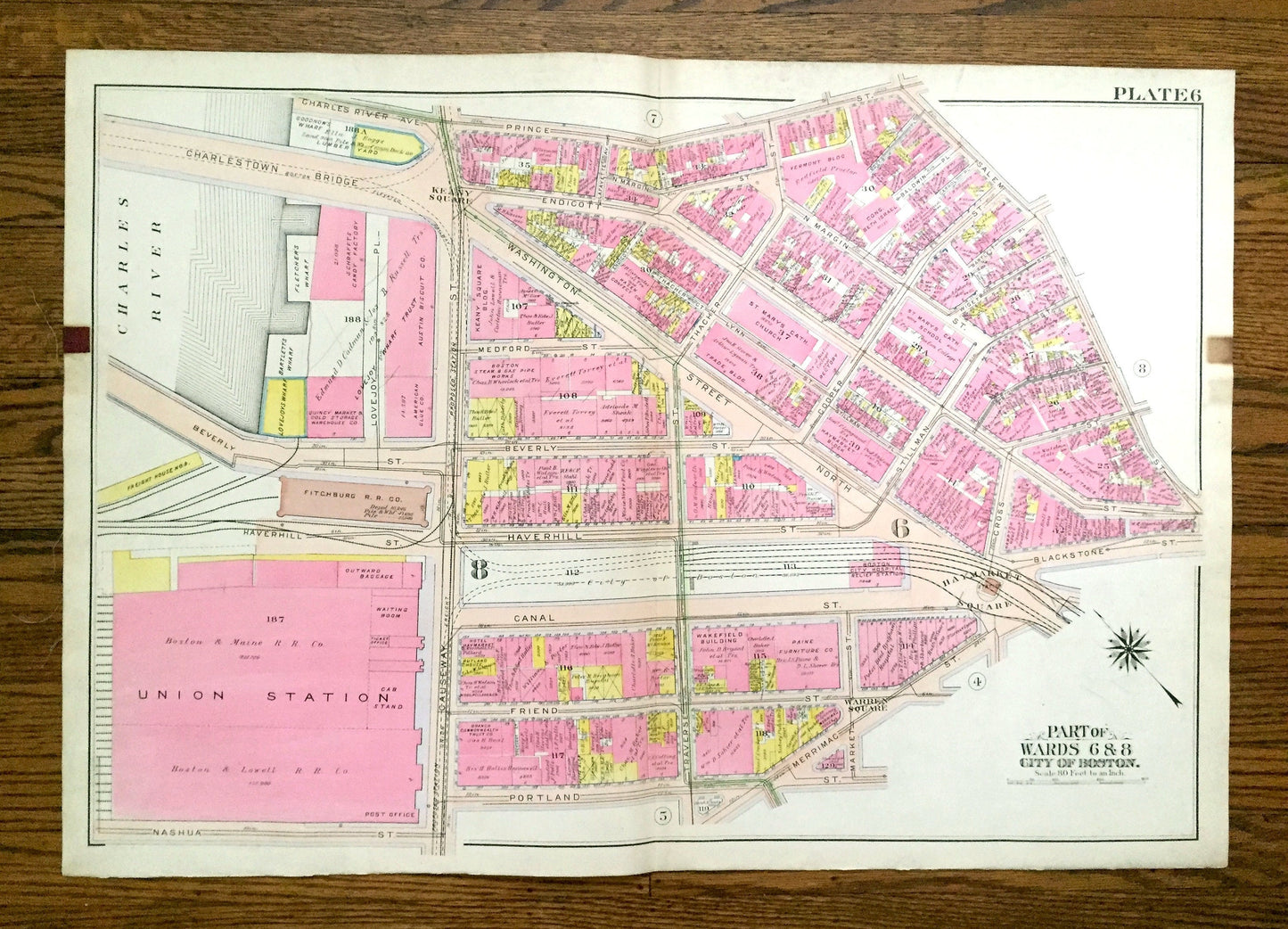 Antique 1908 North End, Boston, Massachusetts Map from G.W. Bromley Atlas – West End, Boston Garden, Bullfinch Triangle, Charles River, MA