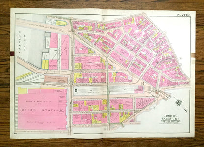 Antique 1908 North End, Boston, Massachusetts Map from G.W. Bromley Atlas – West End, Boston Garden, Bullfinch Triangle, Charles River, MA